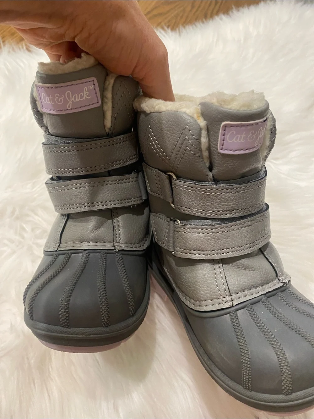 Kids sz 8 Gray & Light Purple Winter Rain Boots with Fleece Lining